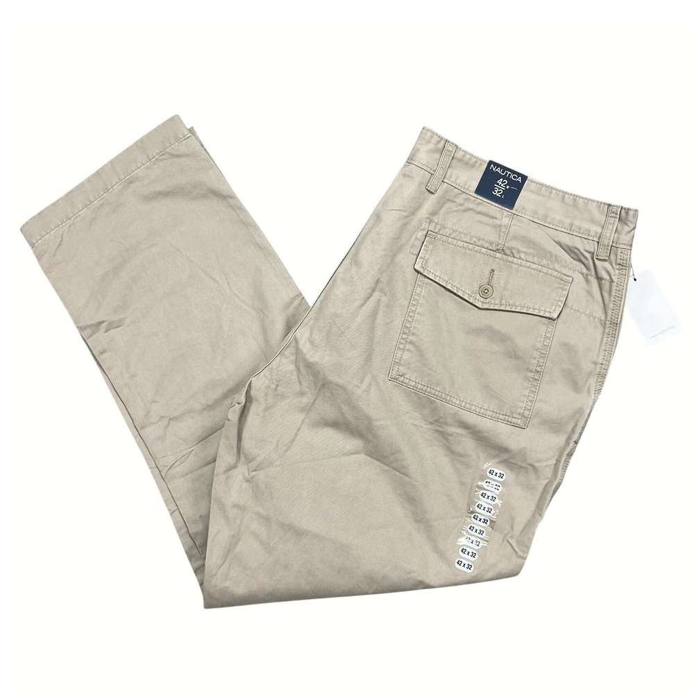 NEW Nautica Mens Khaki Chino Pants Straight Leg Cotton Twill 42x32 Beige